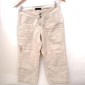 Y2K Express 100% Linen Pants Capris Womens 2 Utility Summer Beachy Neutral Light